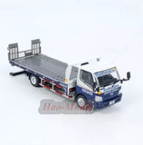 Blue alloy diecast model truck with flatbed, cab window decals