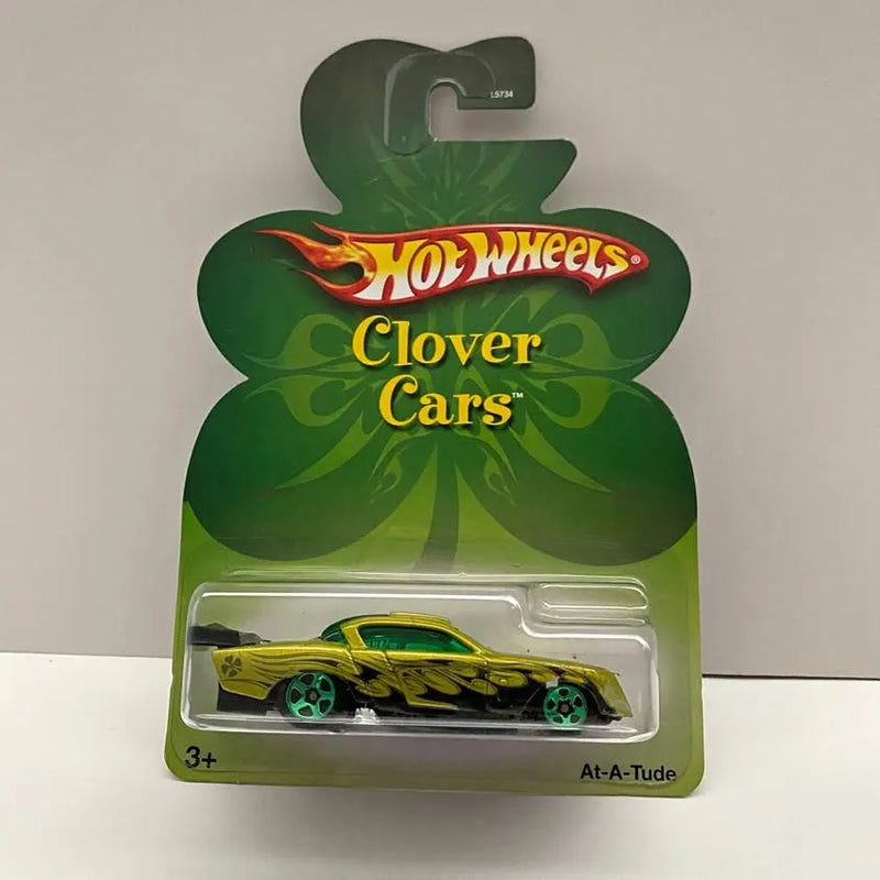 Hot Wheels diecast car in green Clover Cars blister pack, At-A-Tude