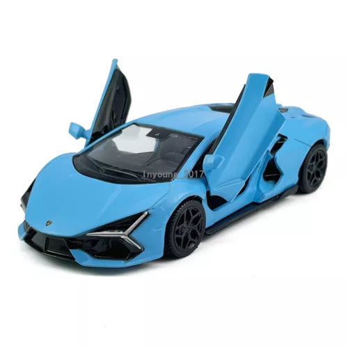 Blue diecast sports car model with side door open and black wheels