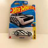 White and black die-cast race car in blister package, racing stripes and black roof
