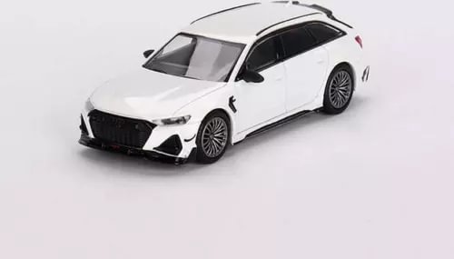 White diecast model sports car with black grille and front splitter, detailed wheels