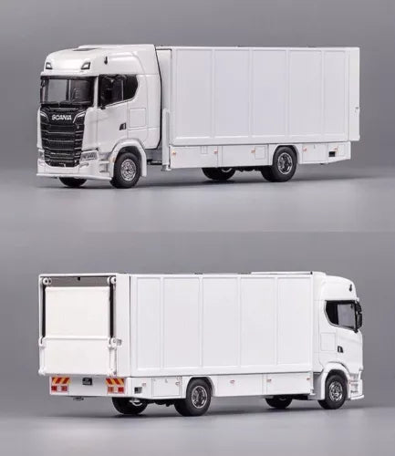 1:64 diecast tow truck model with enclosed double-deck cargo box, white cab