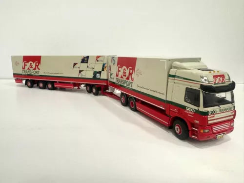 Red and cream diecast truck model with long trailer and F&R Transport print