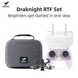 FPV drone set: gray case, small quadcopter, and white remote controller with antennas