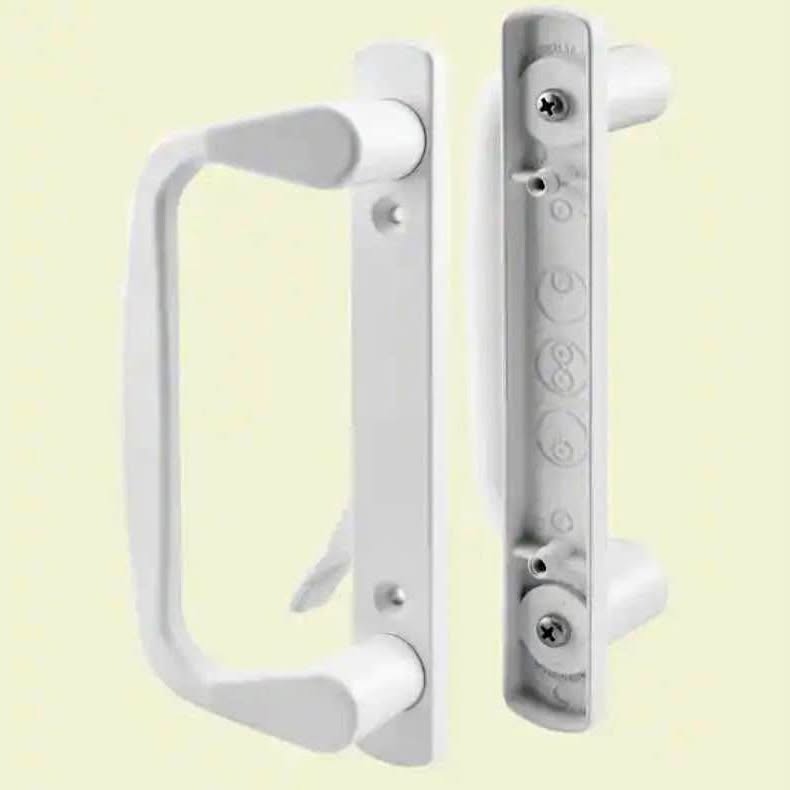 White diecast patio door handle with mounting plate and pull lever, visible screws