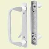 White diecast patio door handle with mounting plate and pull lever, visible screws