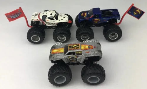 Monster Jam diecast truck set with two multicolor monster trucks, large treaded tires