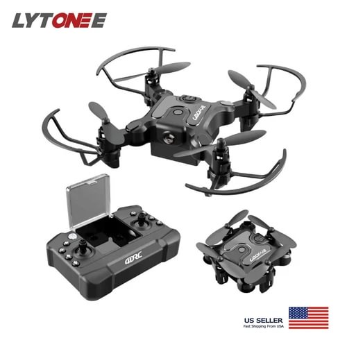 Foldable mini quadcopter drone with foldable propellers and remote controller base