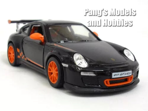 Black 1:36 diecast sports car model with orange wheels and front bumper accents