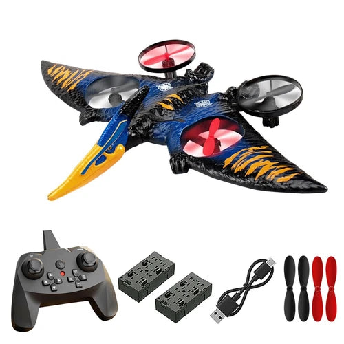 Pterodactyl dinosaur toy drone with red propellers, blue body and black wings; includes remote