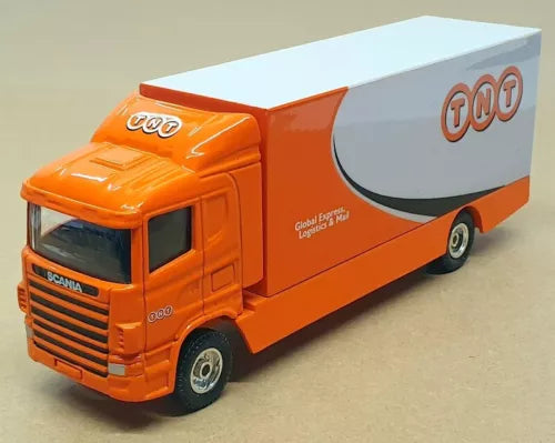 Orange and white diecast rigid truck model with TNT-style trailer, cab and wheels