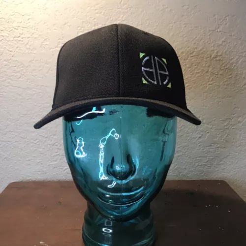 Black fitted hat with embroidered front logo