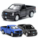 Diecast Ford F-150 pickup truck model in black and blue, front and side views