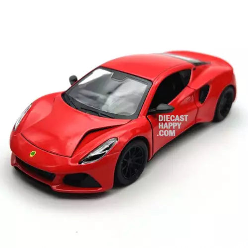 Red diecast sports car model with black wheels and 'DIECAST HAPPY COM' decal