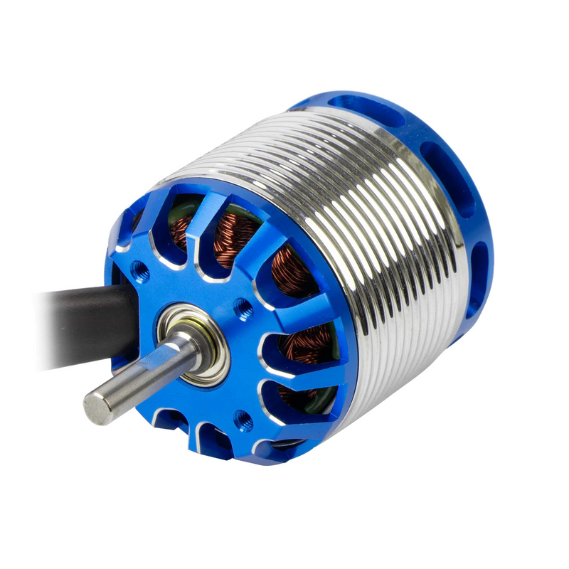 Brushless RC motor with blue housing and silver cooling fins, with front drive shaft