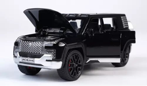Black and silver diecast SUV model car, raised hood and detailed front grille