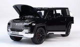 Black and silver diecast SUV model car, raised hood and detailed front grille