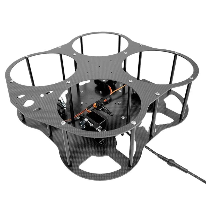 Carbon-fiber drone frame with four prop guards and internal launcher components