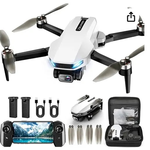 Quadcopter drone with camera, four propellers and controller phone mount, plus accessories
