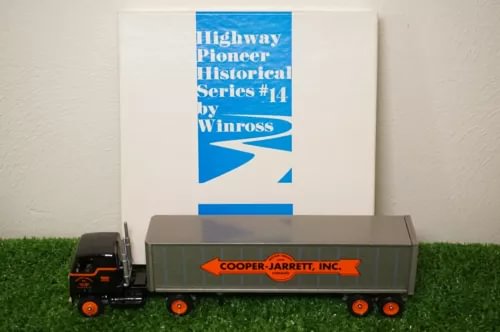 1:64 scale diecast cargo truck with red cab and gray trailer, Cooper-Jarrett logo
