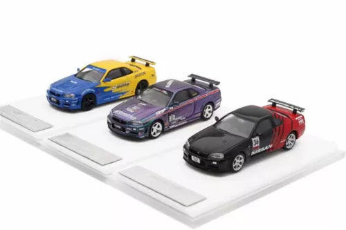 1:64 diecast model car toy set with four Skyline GTR R34 cars on base