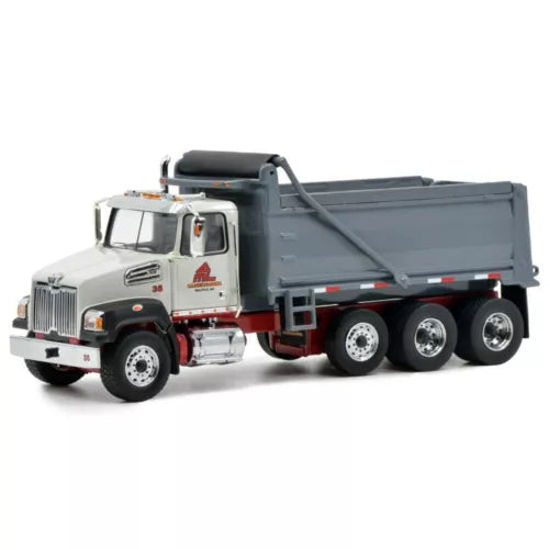 Gray and white diecast dump truck with raised cab and dump bed