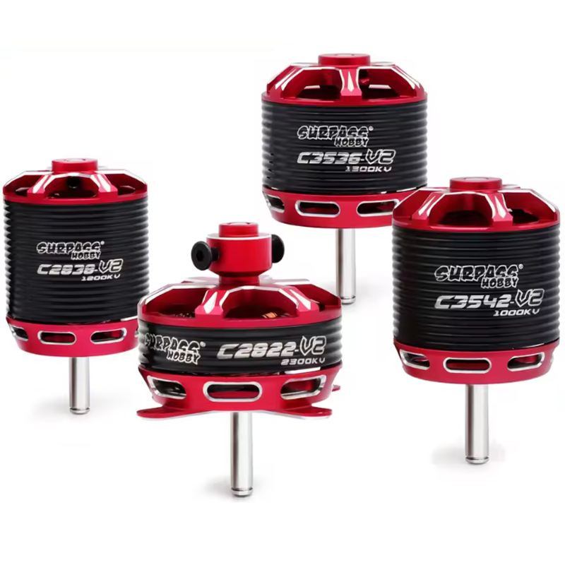 RC outrunner brushless motor set, red and black housings with exposed metal shafts