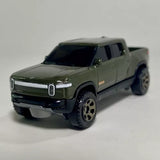 Rivian R1T 1:64 diecast pickup truck, dark green front 3/4 view