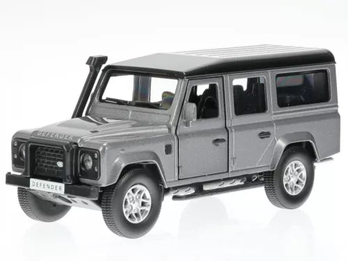 Land Rover Defender 110 diecast model car, 1:36 scale, grey SUV with black roof and grille