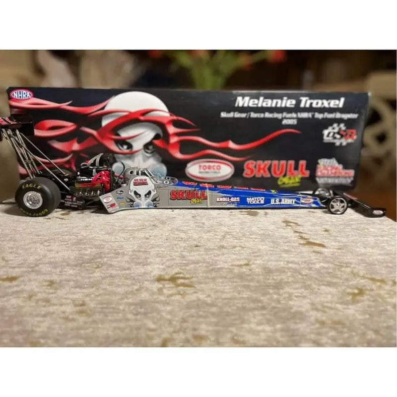 NHRA diecast drag racing car, red and black flames with small sponsor decals