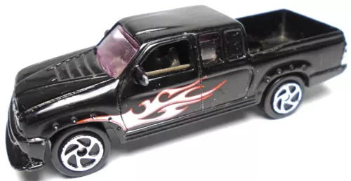 Black 1:64 diecast pickup truck with silver flame decals and chrome wheels