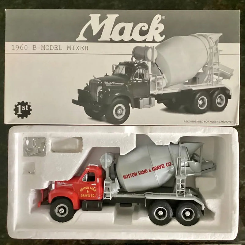 Diecast cement mixer truck set with red dump truck and white mixer trailer in box