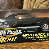 1:18 scale diecast racing car, dark green with CAM MUSCLE FASTEST decals