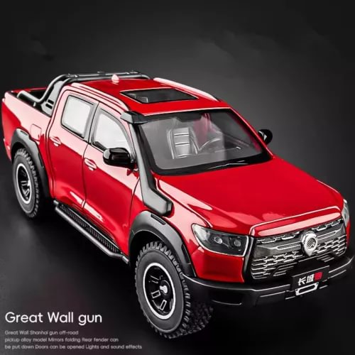 Red 1:24 diecast alloy pickup toy car with black wheels, grille and headlights.