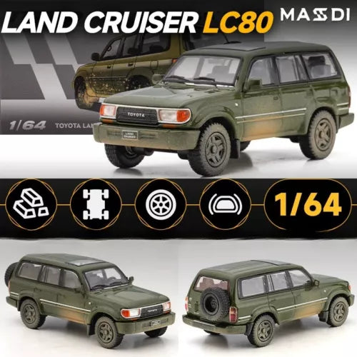 Green diecast Land Cruiser LC80 1994 toy car, 1/64, front and side views