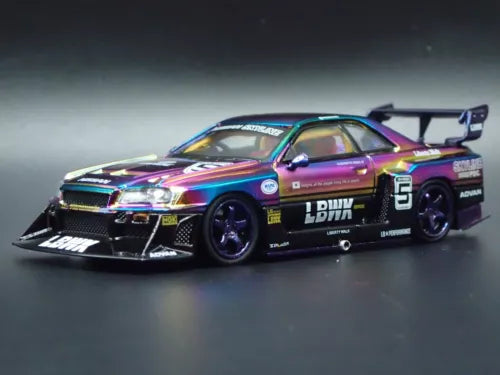 Purple, blue and black die-cast model race car with rear spoiler, 1:64 scale