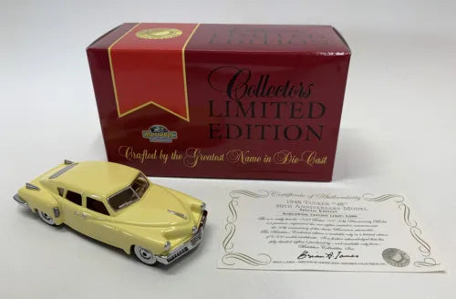 Lime yellow diecast classic car with box and certificate card, sealed in packaging