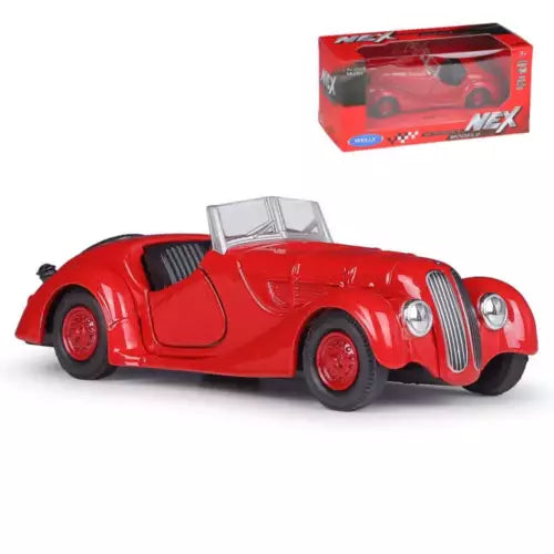 BMW 328 diecast model car, red vintage coupe with chrome grille and front wheels