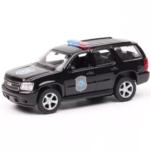 Black police SUV diecast toy model with front grille and badge detail
