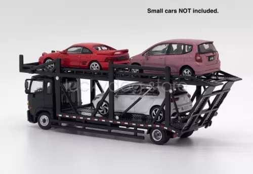Black diecast double transport truck with red and pink cars on open trailer