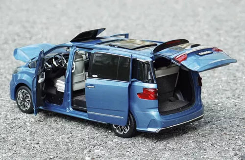 Blue diecast MPV car model with open doors and rear hatch