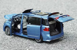 Blue diecast MPV car model with open doors and rear hatch