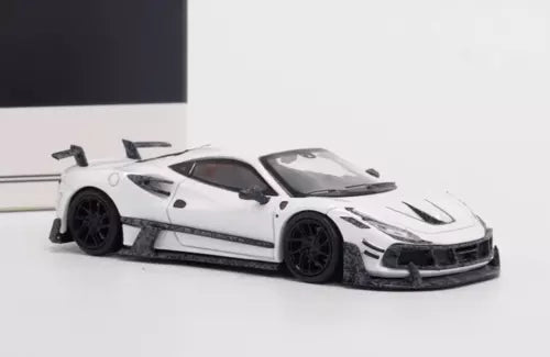 White 1:64 diecast sports car with black wheels, front three-quarter view
