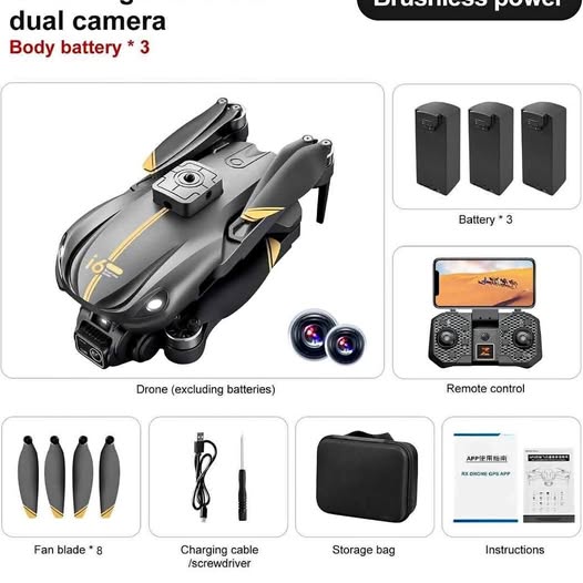 Dual-camera drone, dark gray body with front camera lenses and foldable propellers