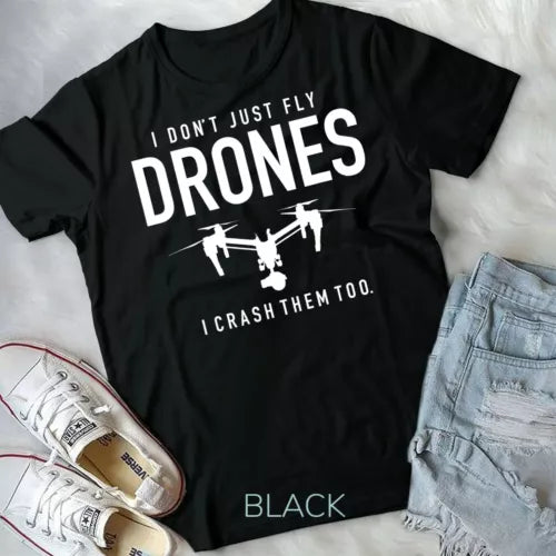 Black unisex youth T-shirt with white drone graphic and I crash them too print
