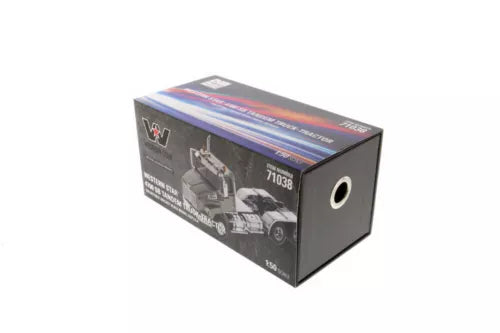 Diecast tandem tractor toy in box, black and gray packaging with vehicle graphics