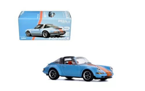 Blue and orange 1:64 diecast model car with rear spoiler