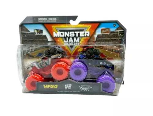 Monster Jam diecast 2-pack toy trucks in clear blister with red and purple wheels