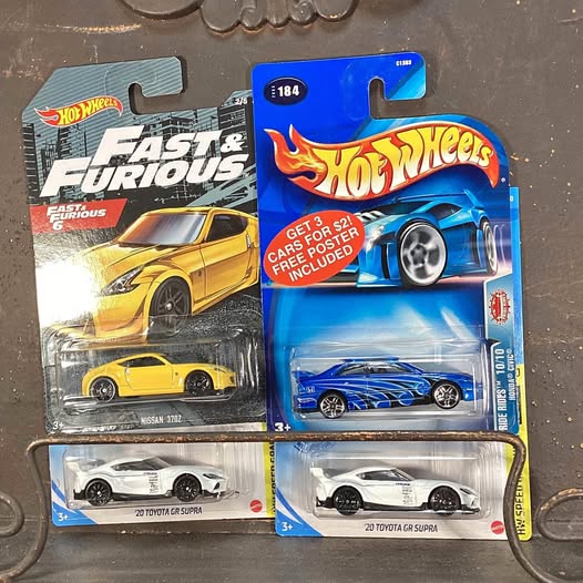 Hot Wheels diecast car in blister packaging, Fast & Furious theme, yellow and blue