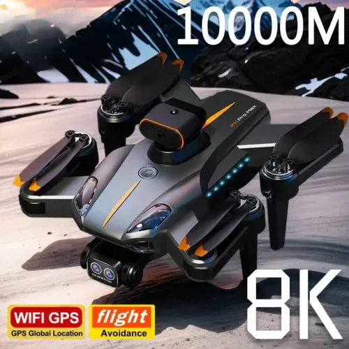 Quadcopter drone, orange accents, front camera, four rotors; GPS and WiFi labels
